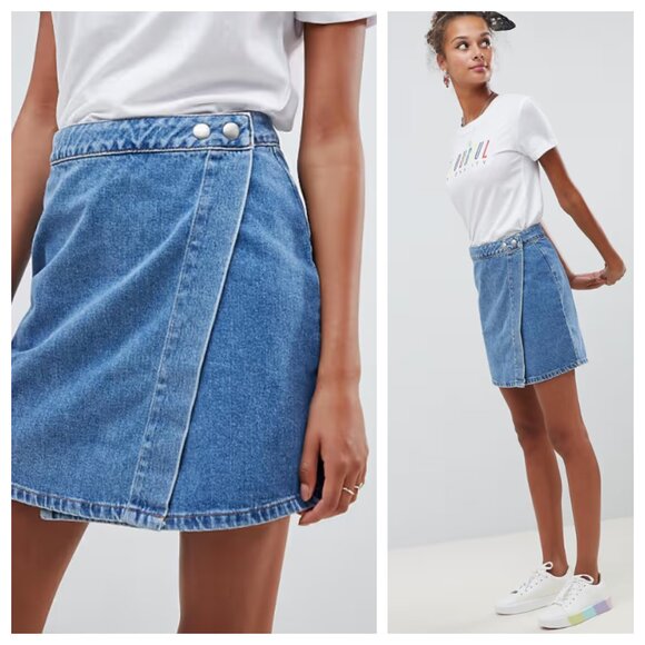 ASOS Stonewash Blue Denim Jean High Waist Wrap Mini Skirt - Picture 1 of 5